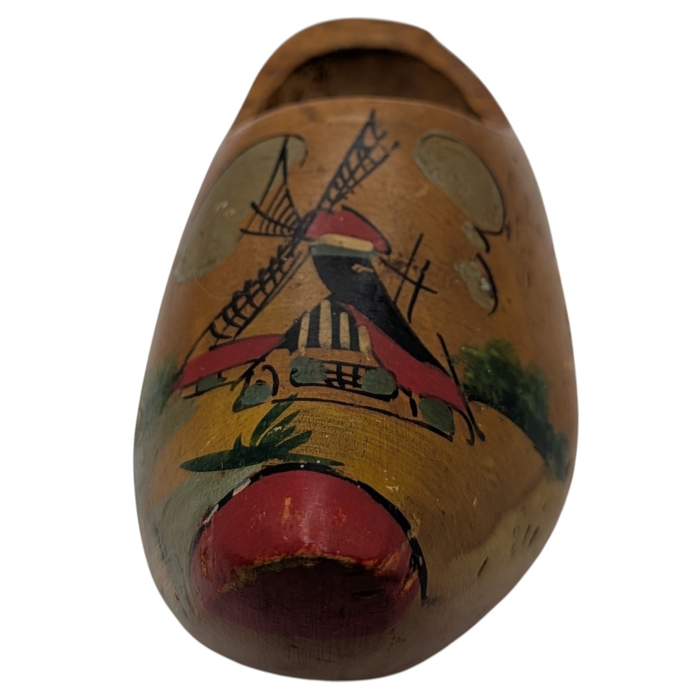 Vintage Dutch Wooden Shoe Clog Windmill Hand Painted Hand Carved Red Blue Brown